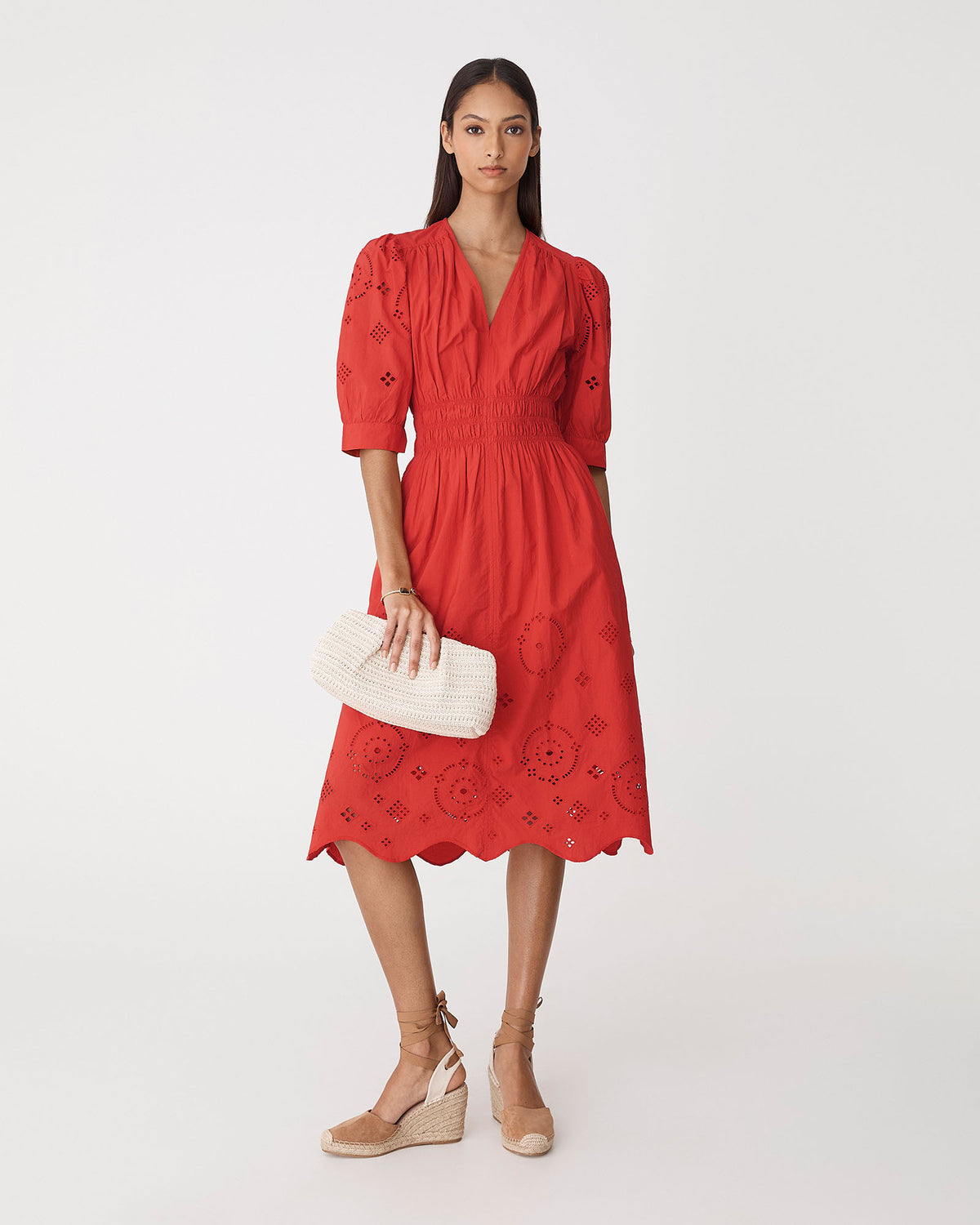 Ali Embroidered Dress in fiesta red — full-length view