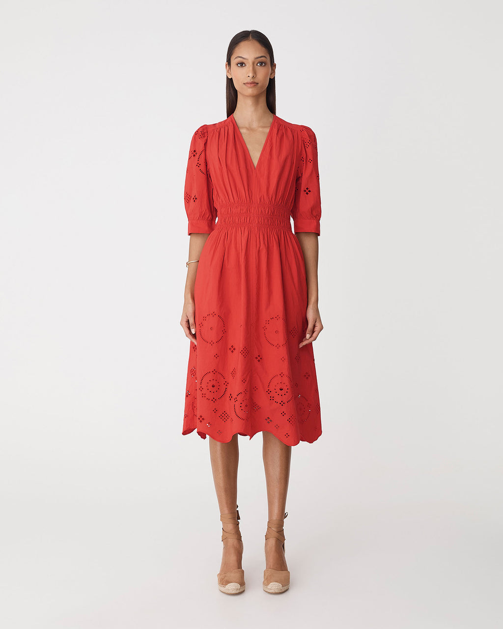 Ali Embroidered Dress in fiesta red — full-length view 2