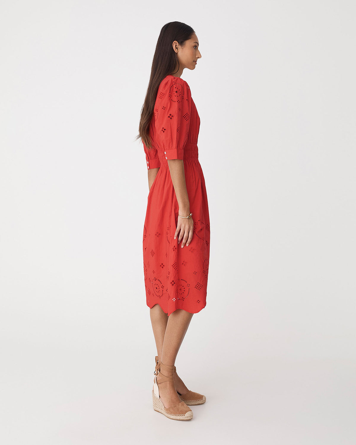 Ali Embroidered Dress in fiesta red — side view