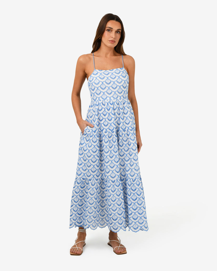 Kela Embroidery Maxi Dress in blue ivory — full-length view