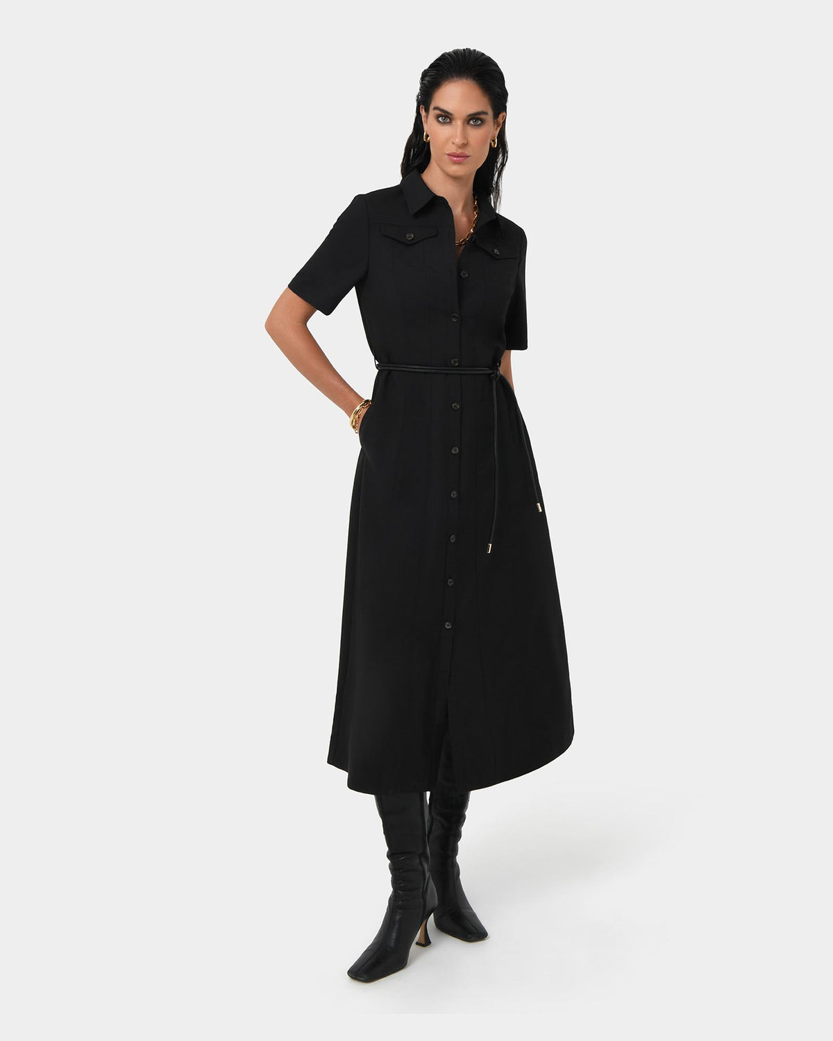 Amera Belted Utility Dress in black — full-length view