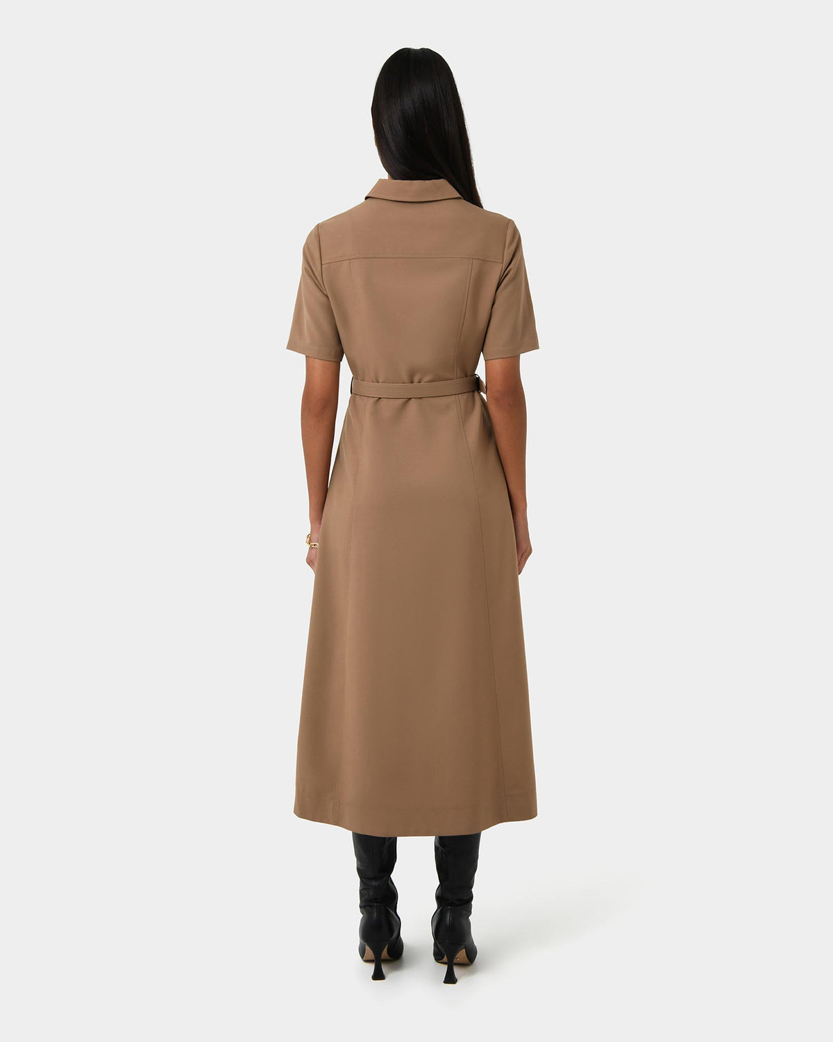 Amera Belted Utility Dress in wood smoke — back view