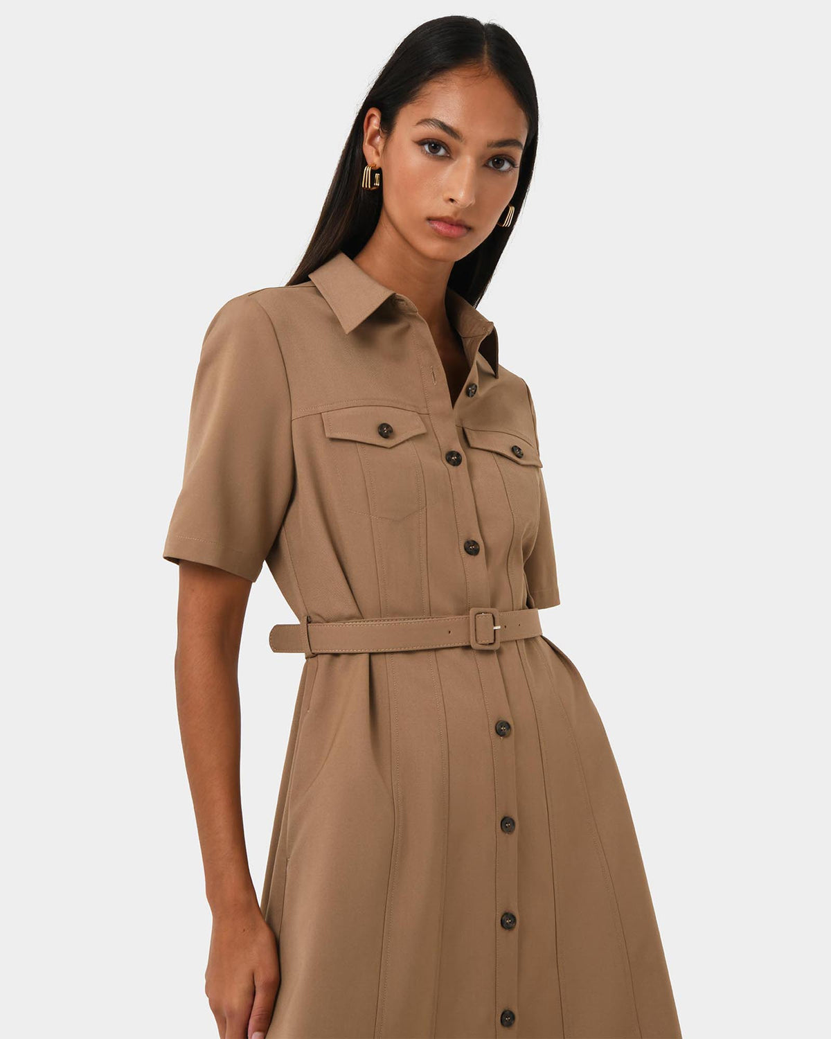 Amera Belted Utility Dress in wood smoke — close-up view