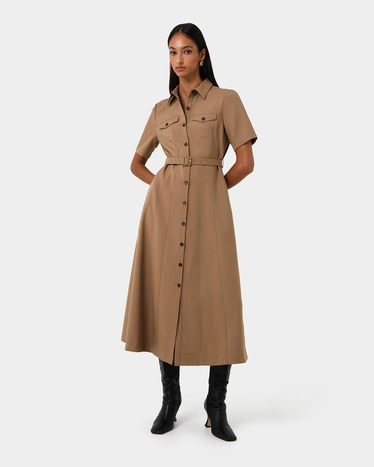 Amera Belted Utility Dress in wood smoke — full-length view