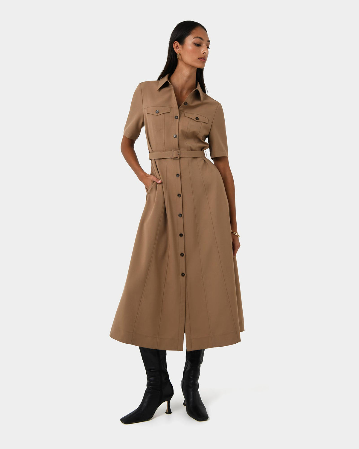 Amera Belted Utility Dress in wood smoke — full-length view 2