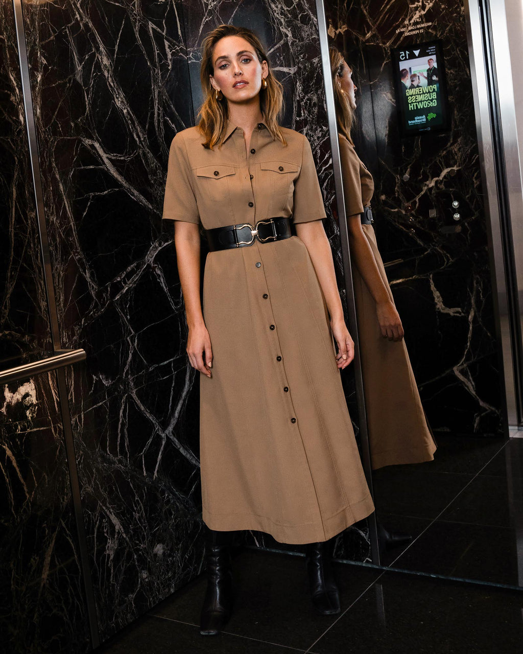 Amera Belted Utility Dress in wood smoke — alternate view
