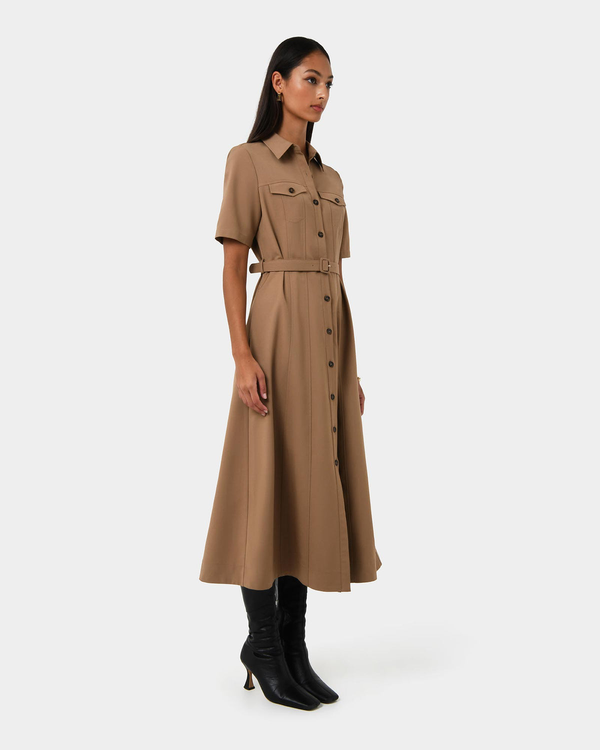 Amera Belted Utility Dress in wood smoke — side view
