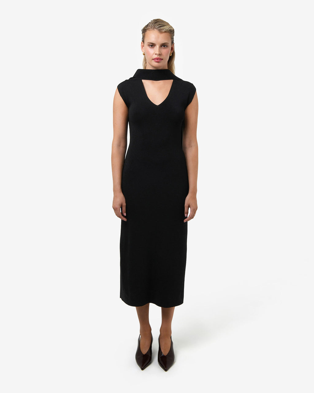 Byron Scarf Knit Dress in black — full-length view