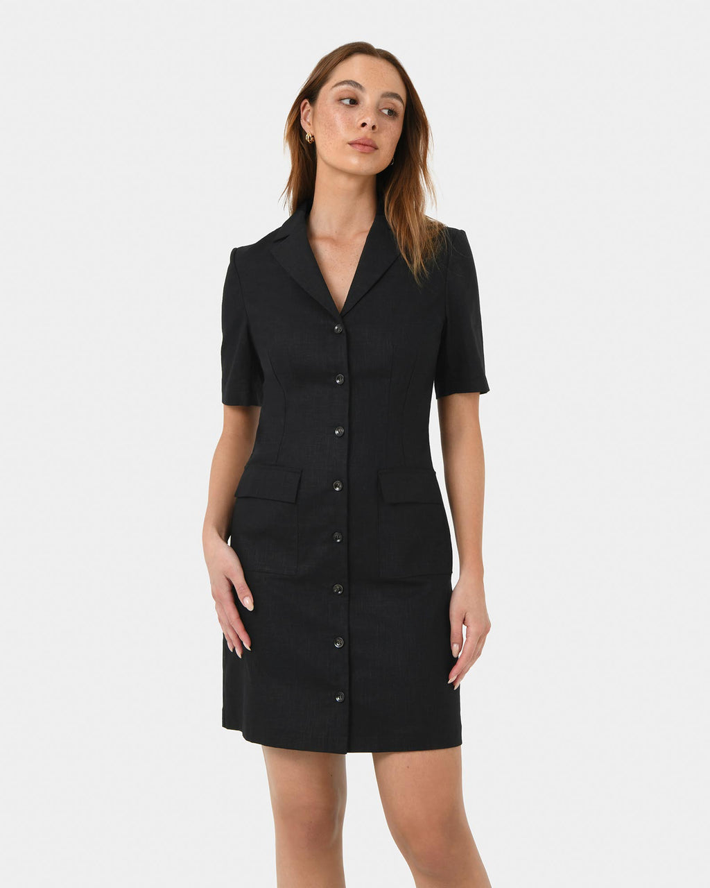 Nia Button Linen Dress in black — close-up view