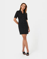 Nia Button Linen Dress in black — full-length view