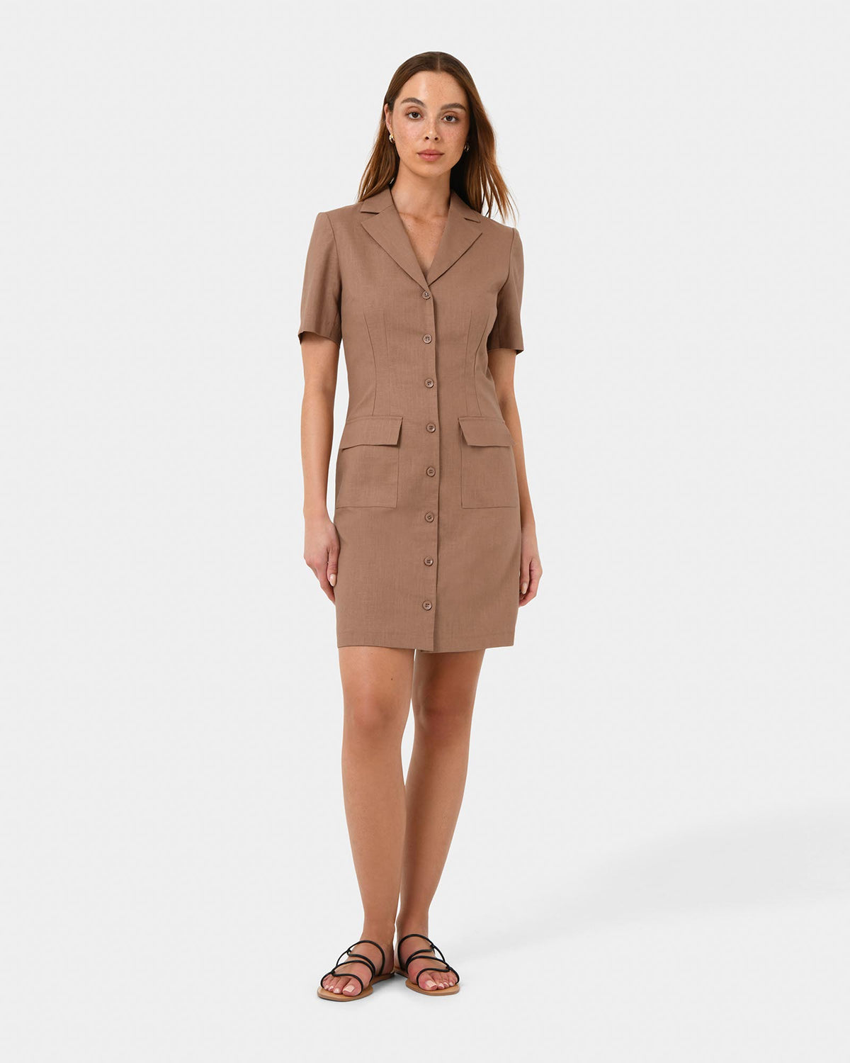 Nia Button Linen Dress in biscuit — full-length view