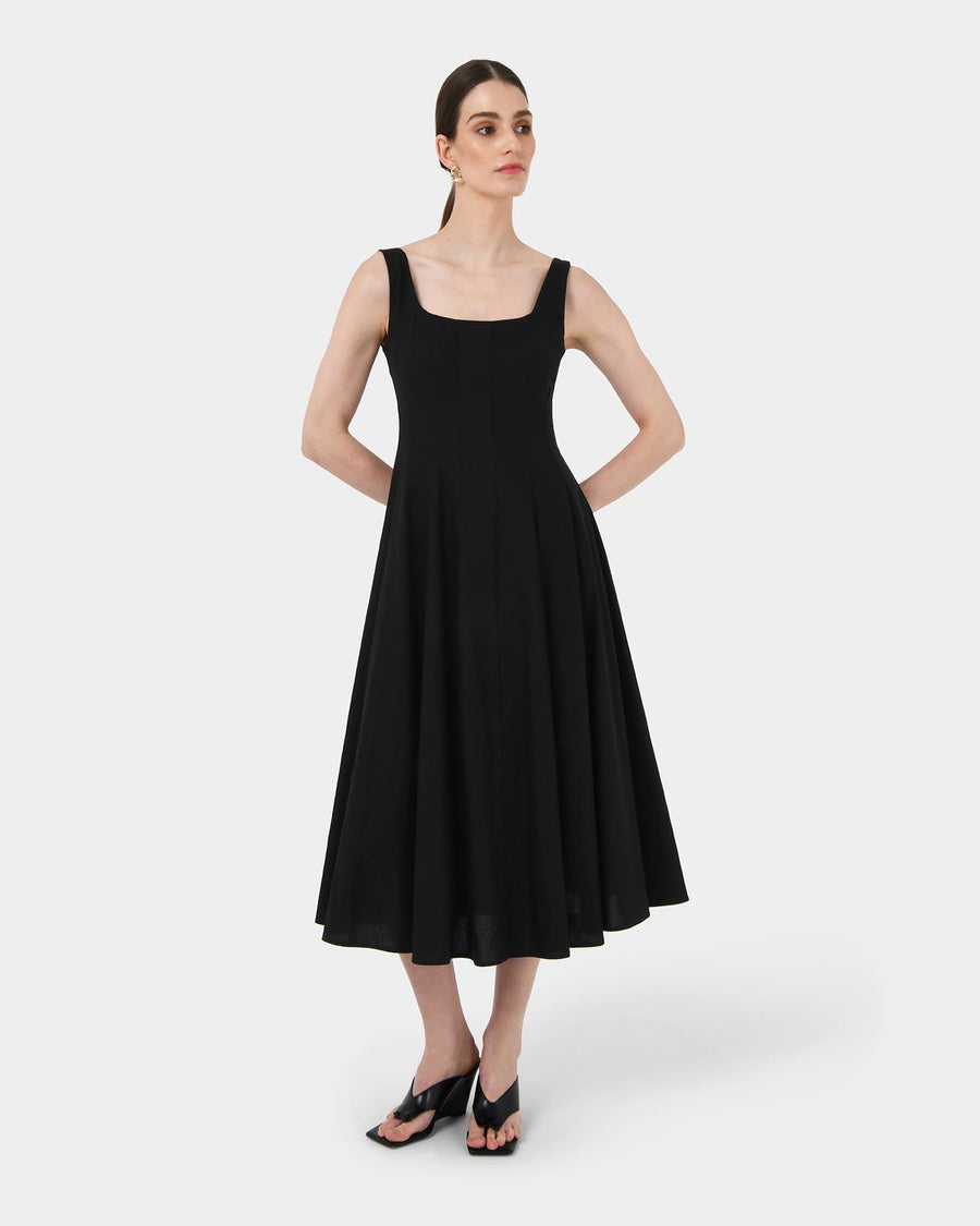 Saira 2 Linen A-Line Dress in black — full-length view
