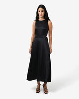 Louisa Cut Out Satin Dress in black — full-length view