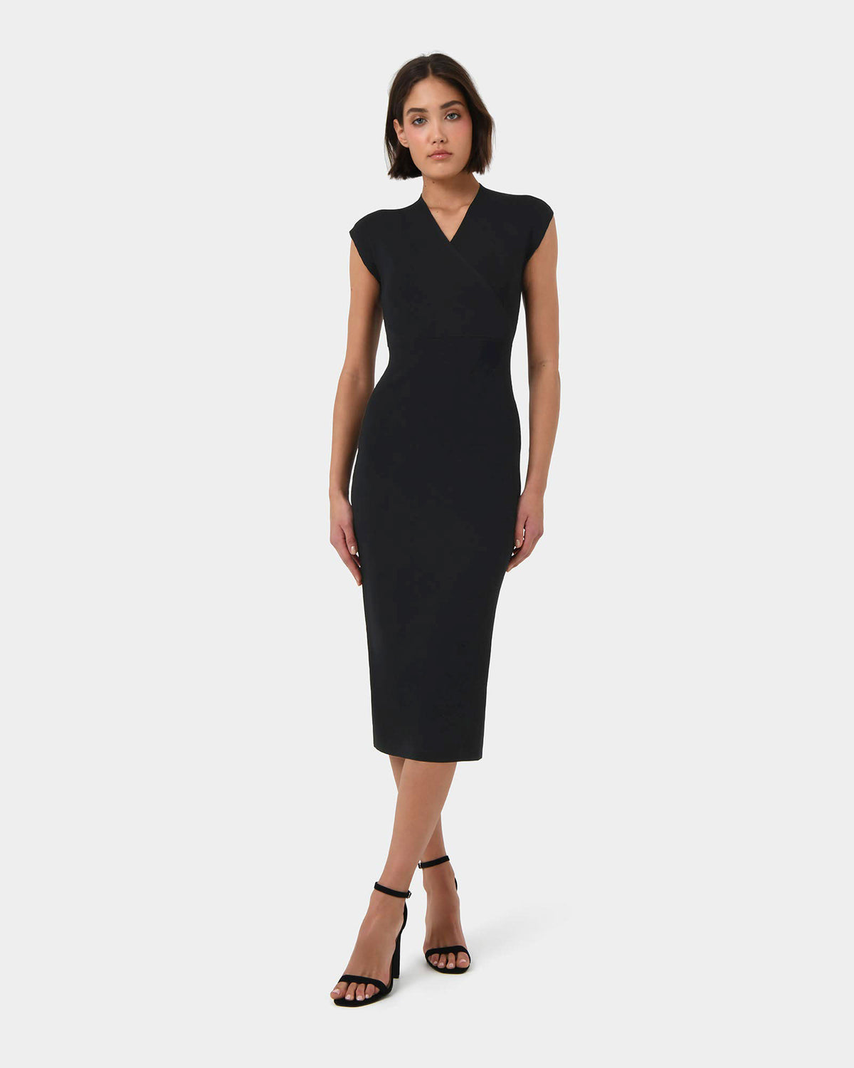 Ani Cross Over Knit Dress in black — full-length view
