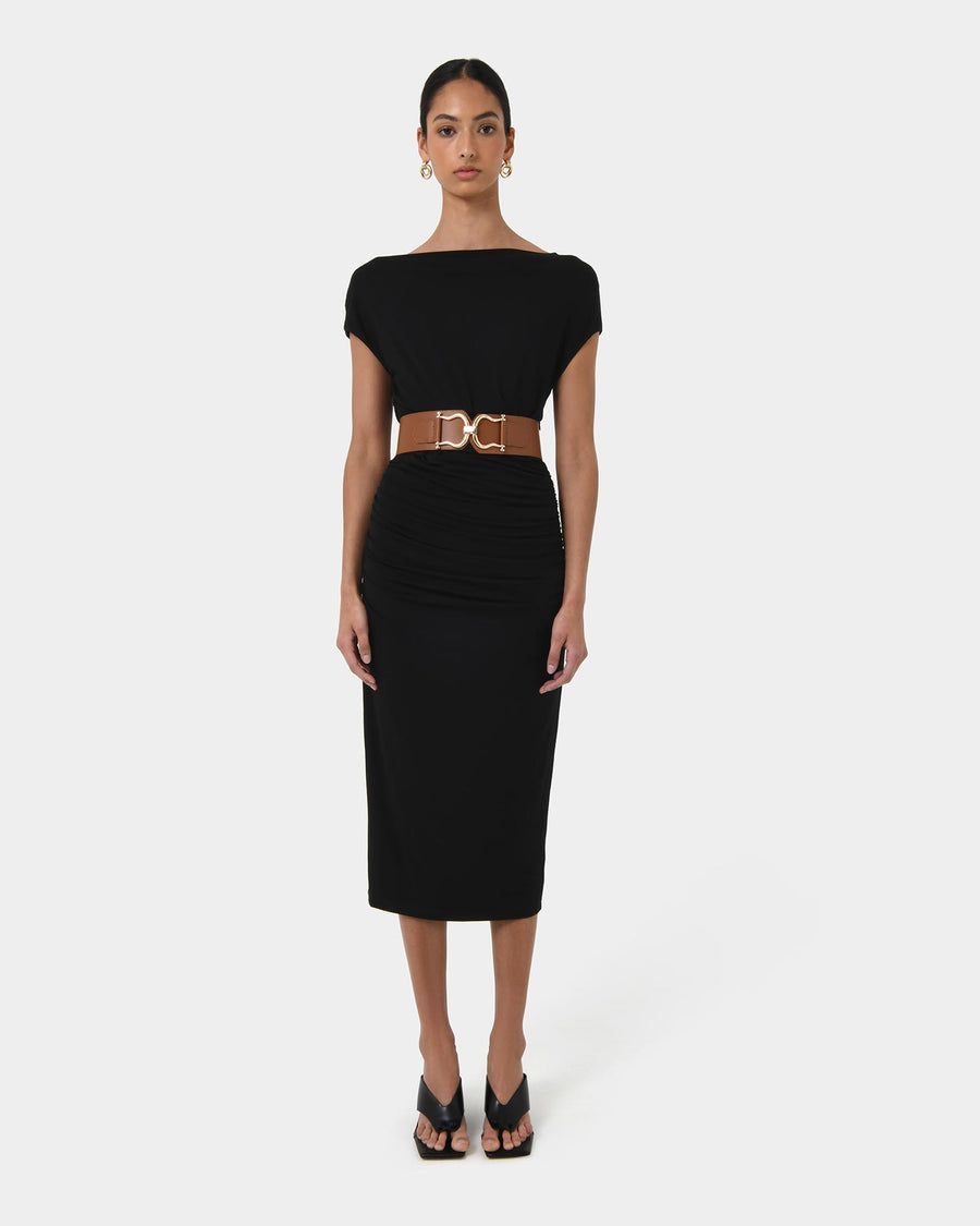 Mia Ruched Jersey Dress in black — full-length view