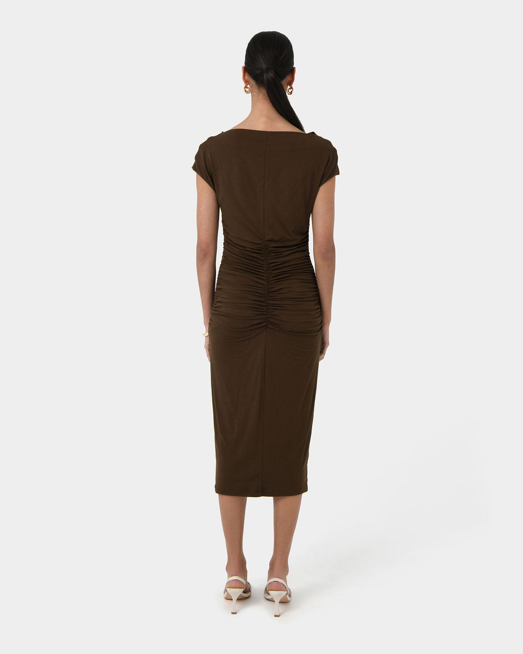 Mia Ruched Jersey Dress in chocolate — back view