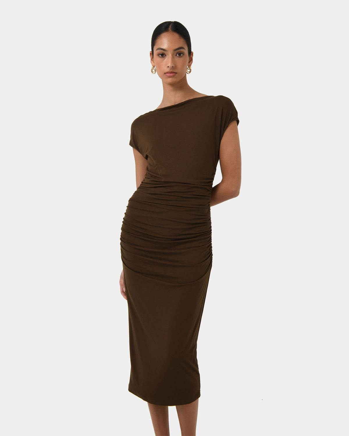 Mia Ruched Jersey Dress in chocolate — close-up view