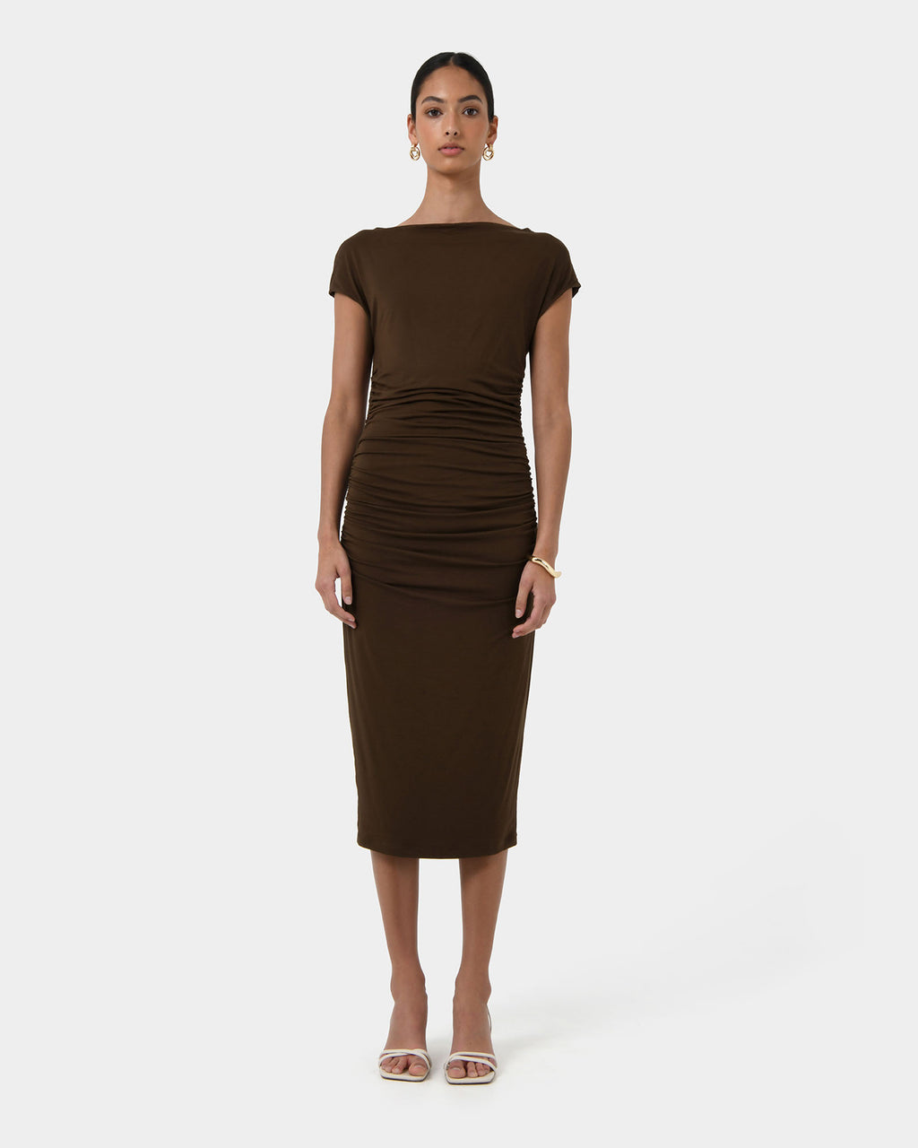 Mia Ruched Jersey Dress in chocolate — full-length view