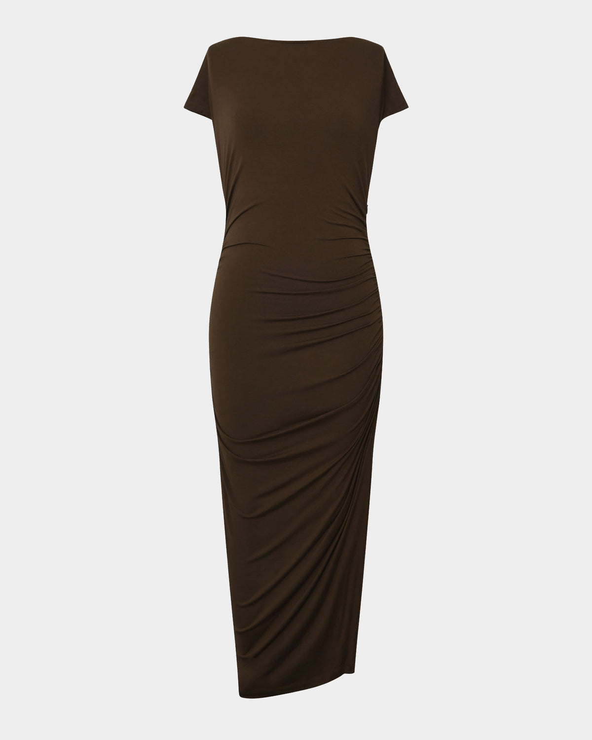 Mia Ruched Jersey Dress in chocolate — product-only view