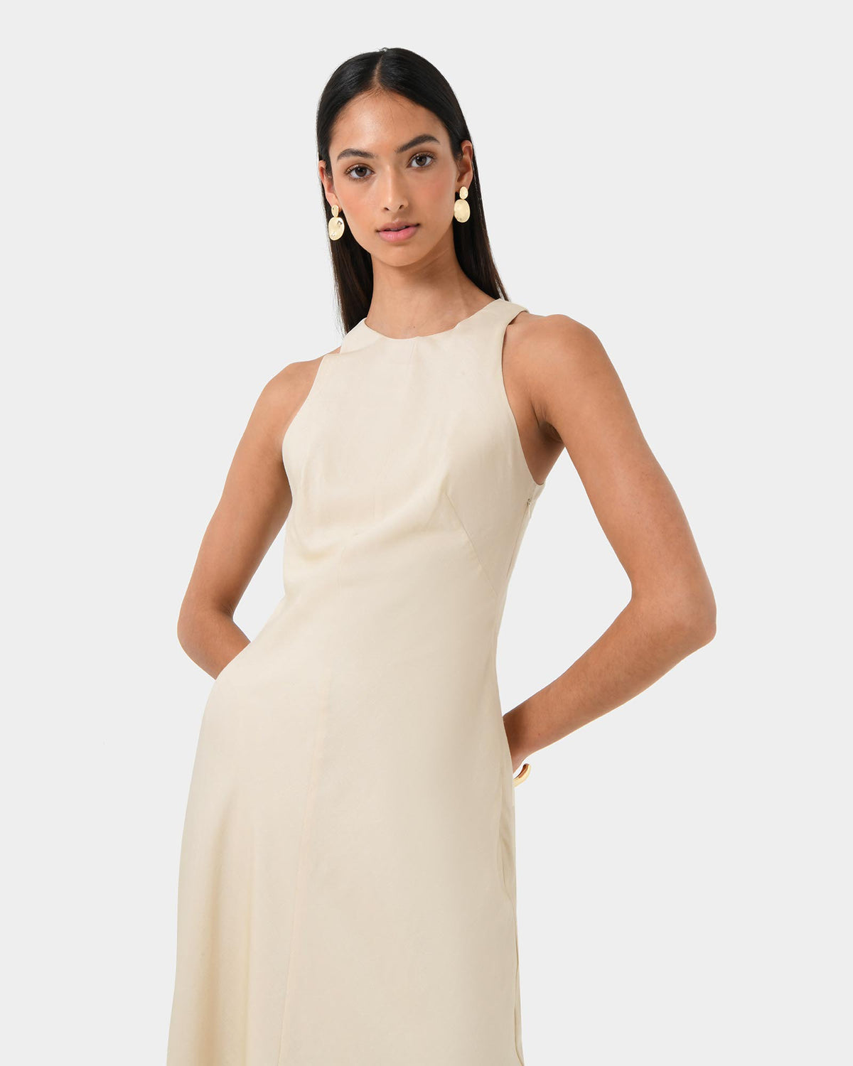 Aiya Bias Midi Dress in light ecru — close-up view