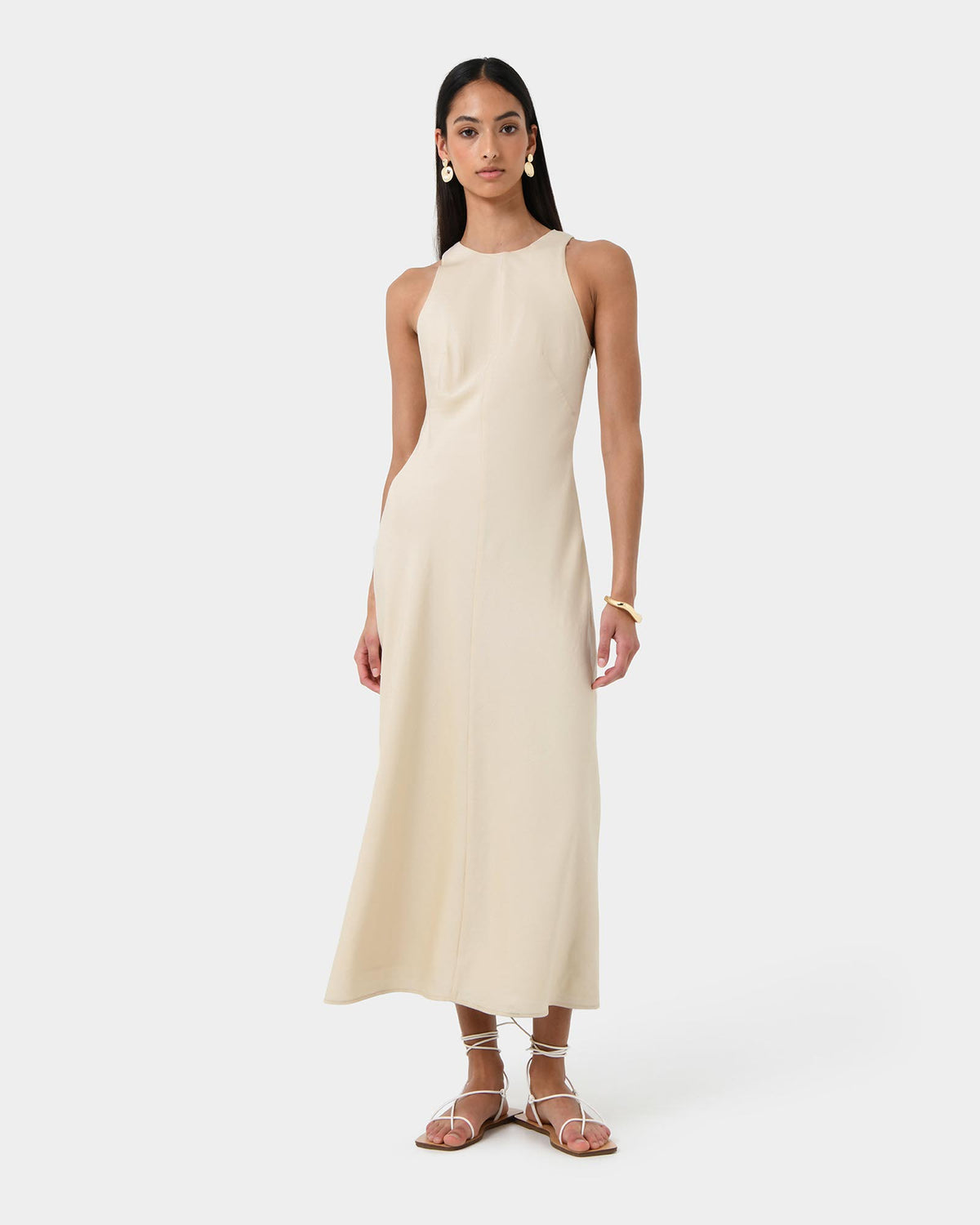 Aiya Bias Midi Dress in light ecru — full-length view