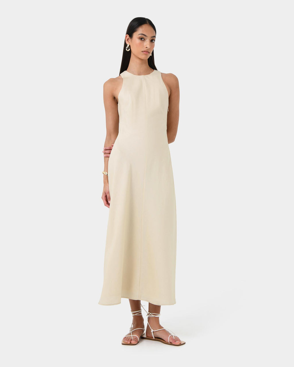 Aiya Bias Midi Dress in light ecru — full-length view 2