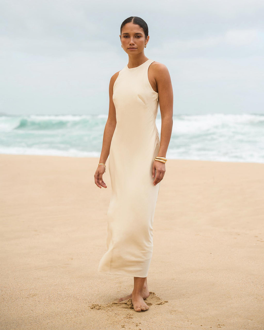 Aiya Bias Midi Dress in light ecru — alternate view