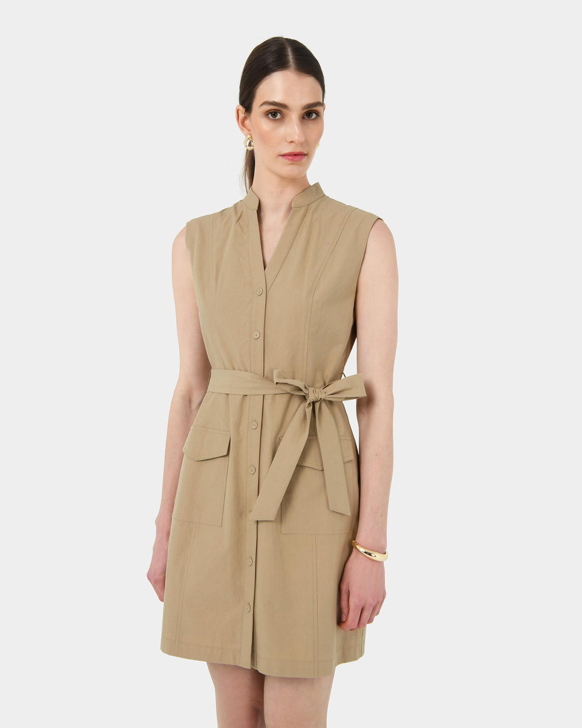 Kiran Utility Tie Dress in safari beige — close-up view