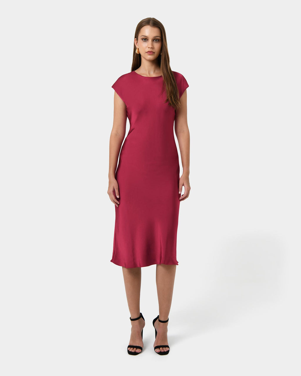 Dulce Satin Midi Dress in burgundy — full-length view