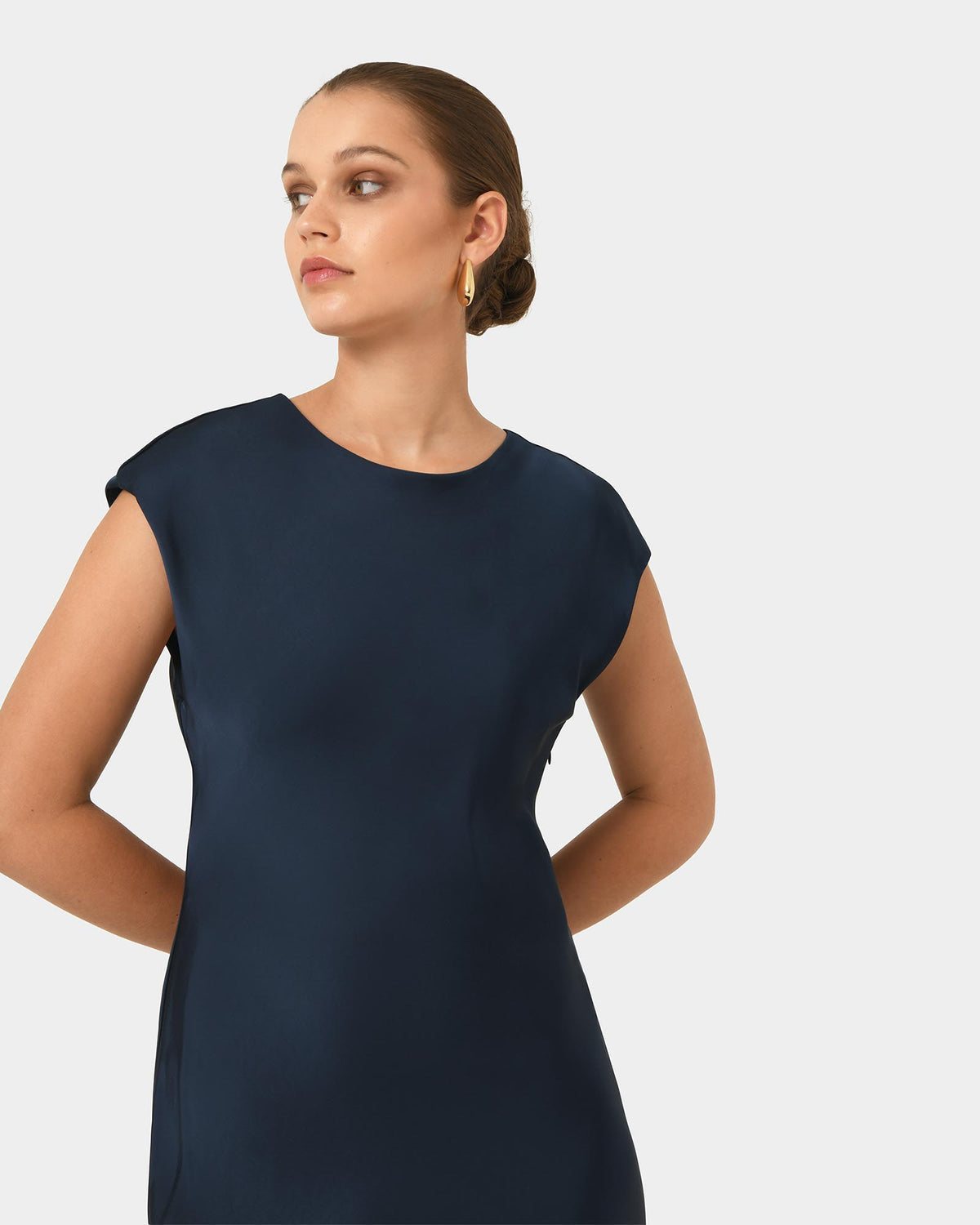 Dulce Satin Midi Dress in navy — close-up view