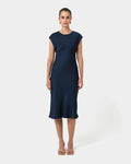 Dulce Satin Midi Dress in navy — full-length view