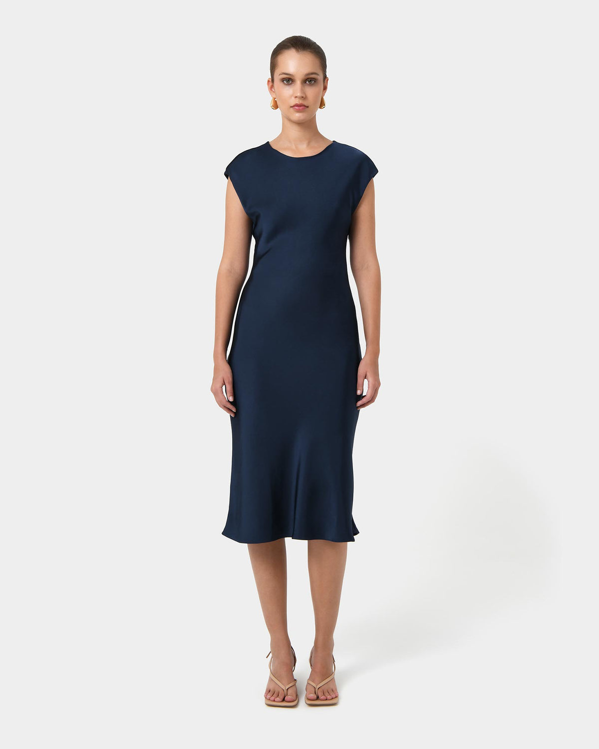 Dulce Satin Midi Dress in navy — full-length view