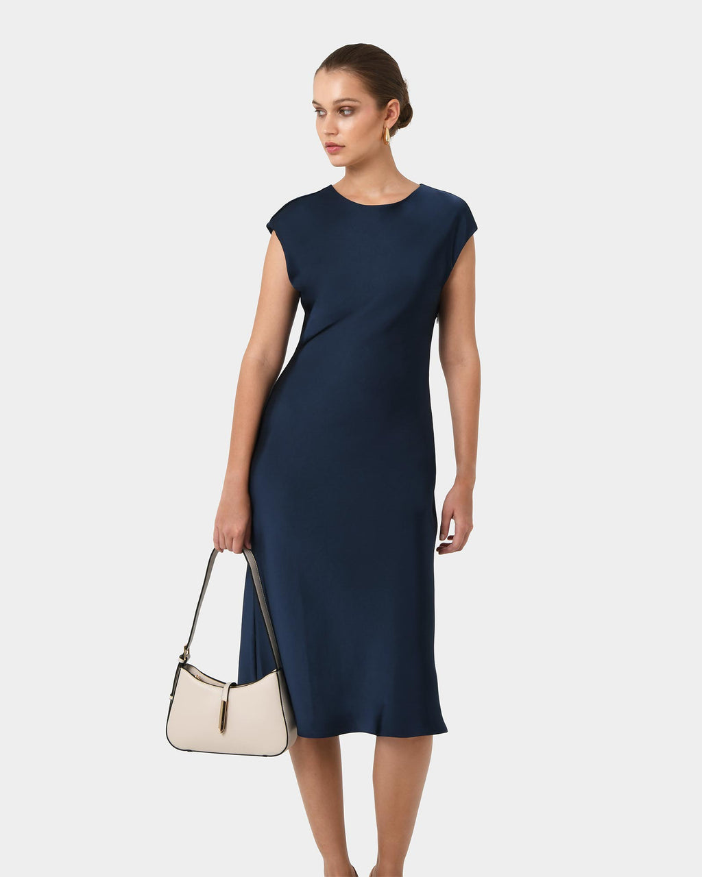 Dulce Satin Midi Dress in navy — full-length view 2