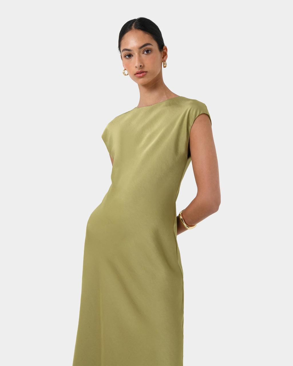 Dulce Satin Midi Dress in olive — close-up view