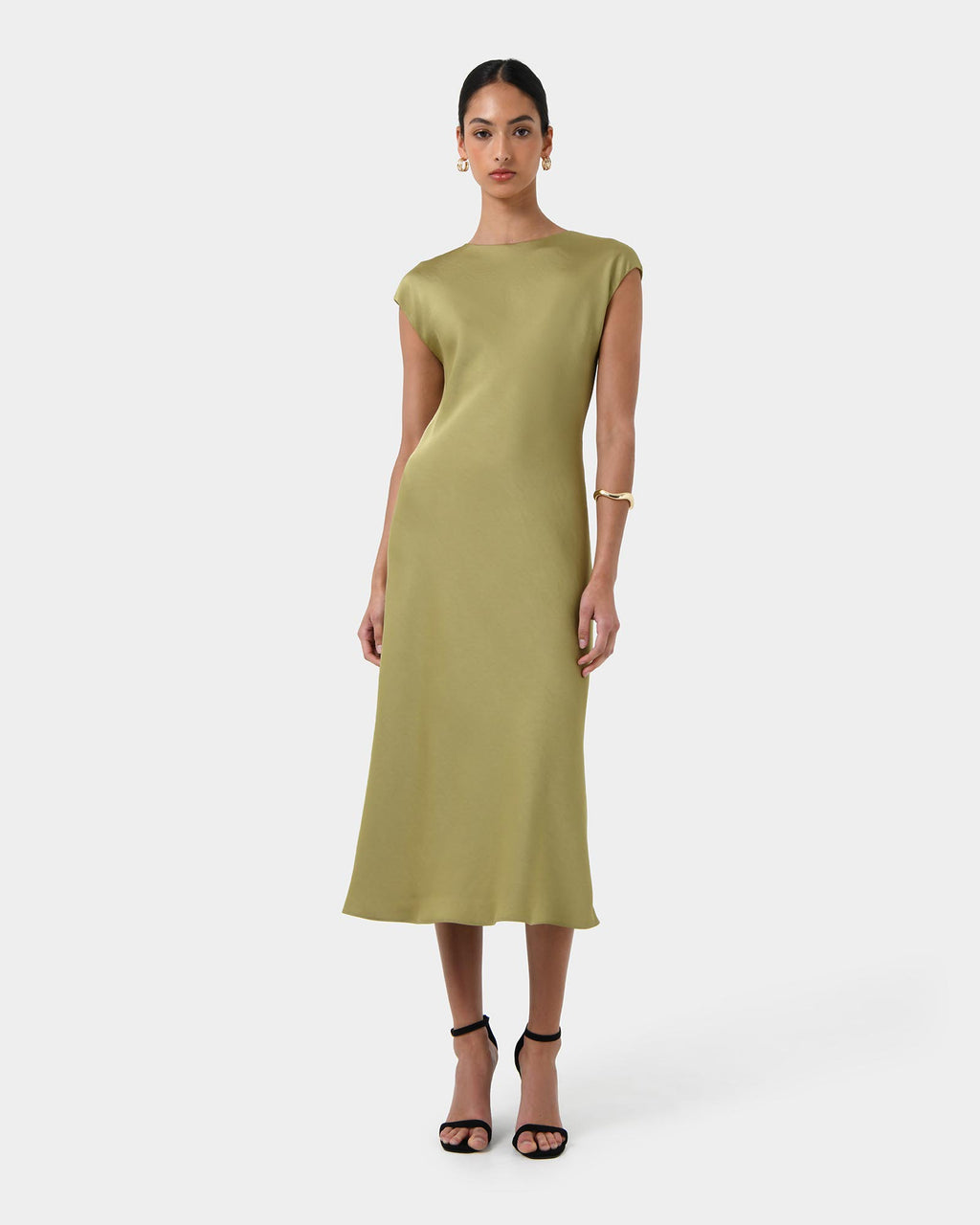 Dulce Satin Midi Dress in olive — full-length view