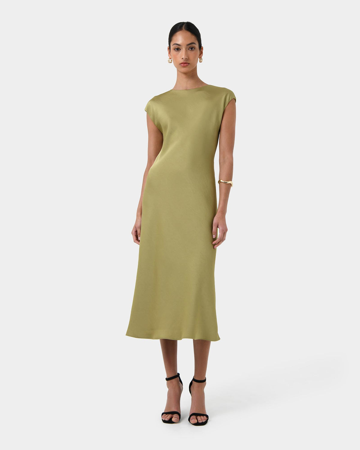 Dulce Satin Midi Dress in olive — full-length view