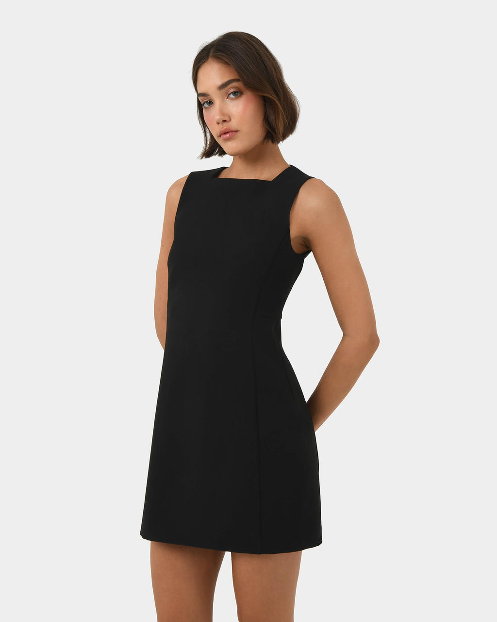Ava Square Neck Panel Dress in black — close-up view