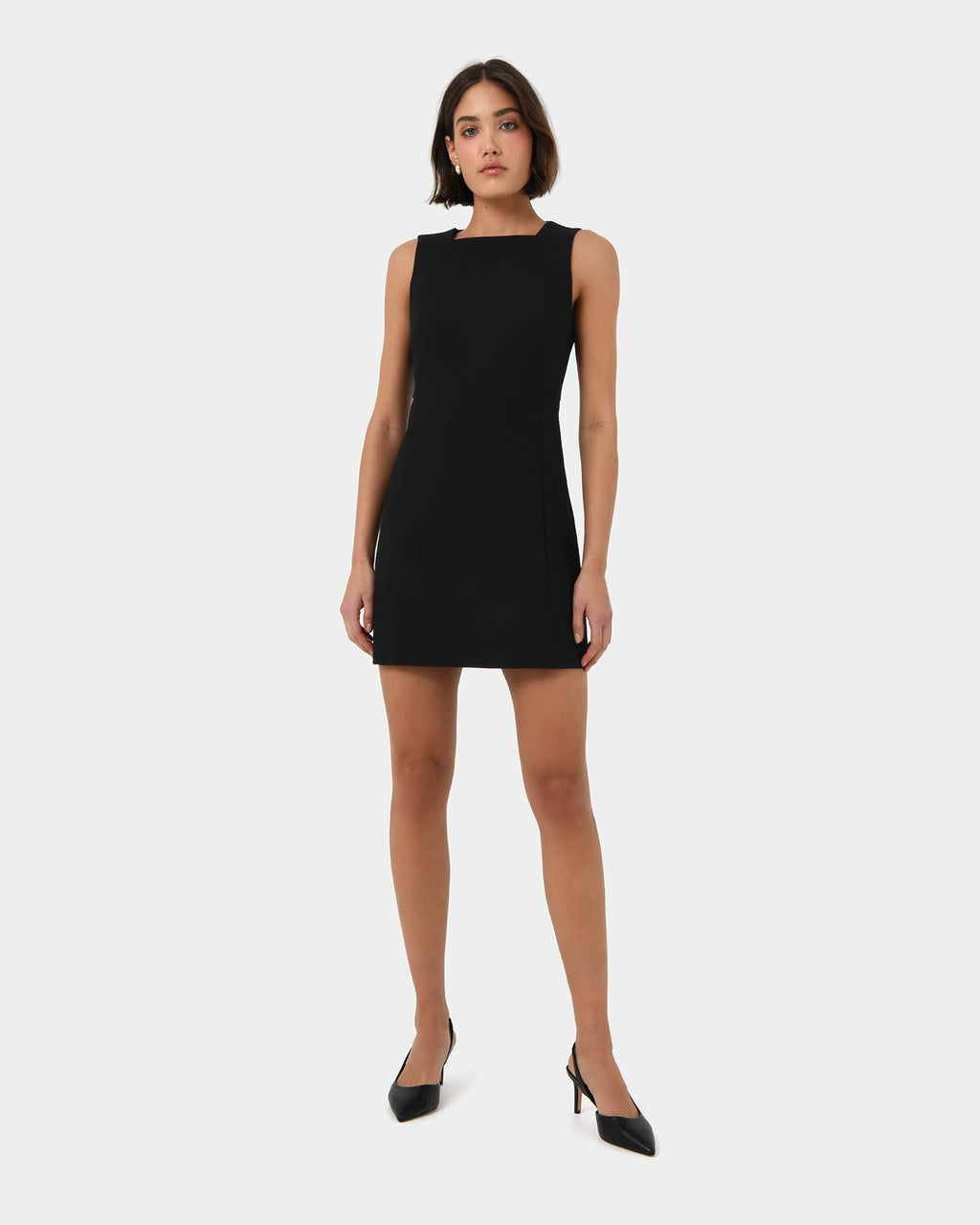 Ava Square Neck Panel Dress in black — full-length view