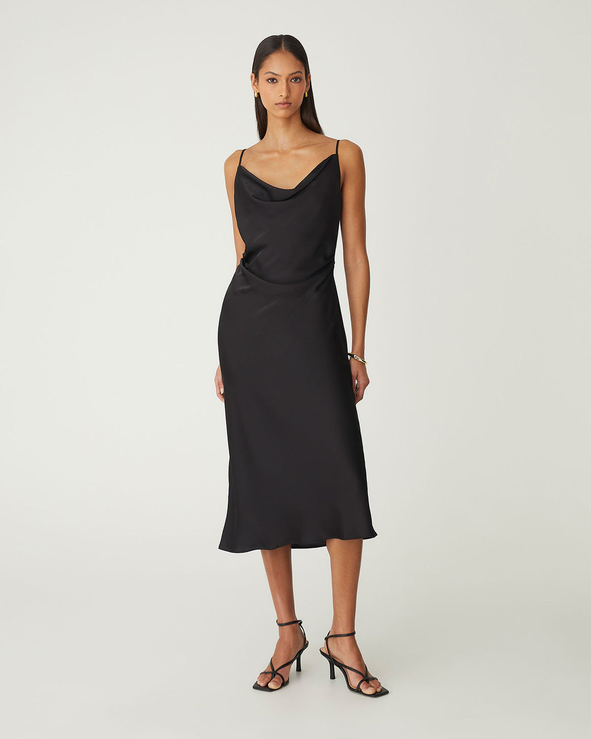 Mae Side Ruched Satin Dress in black — full-length view
