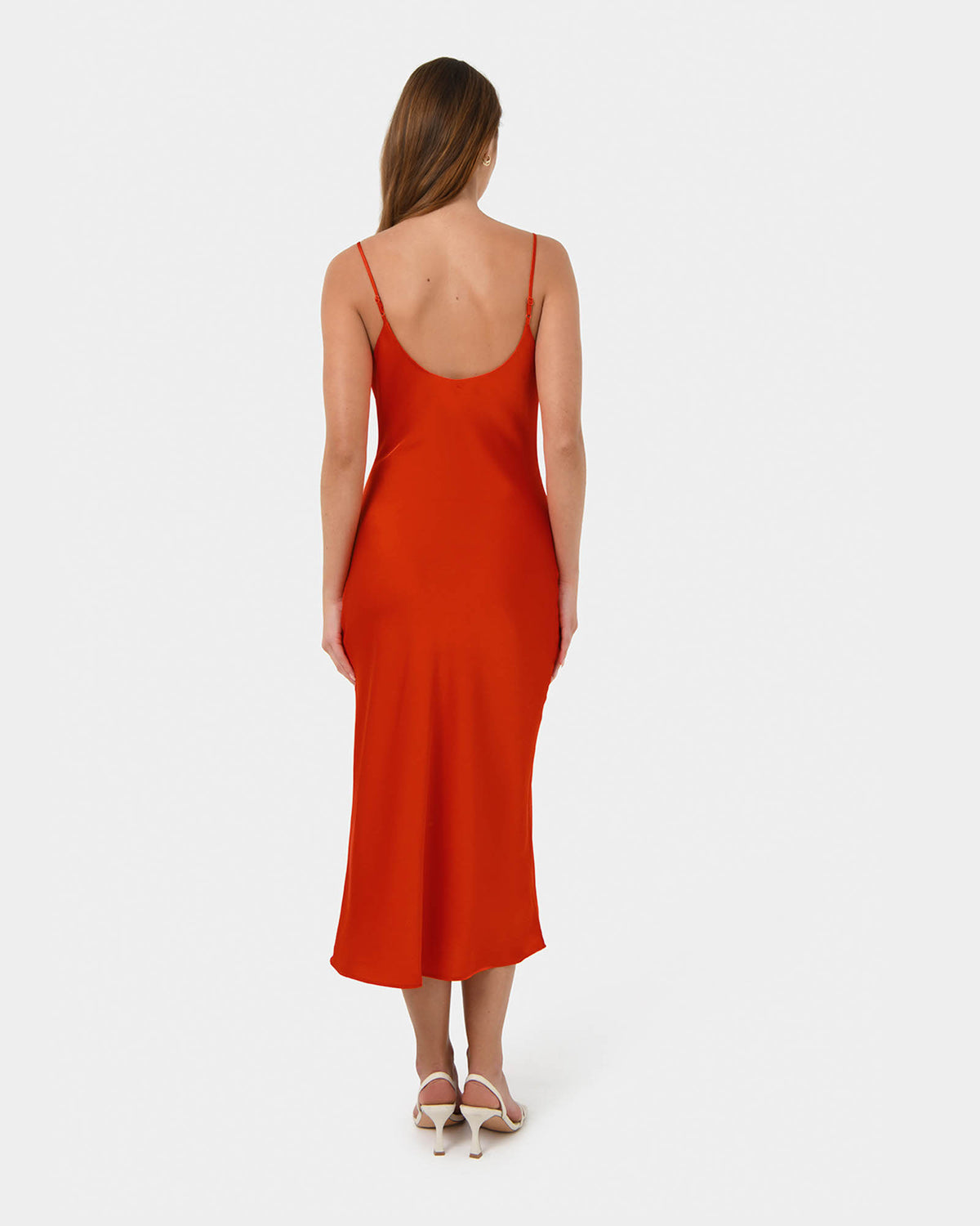 Mae Side Ruched Satin Dress in cherry tomato — back view