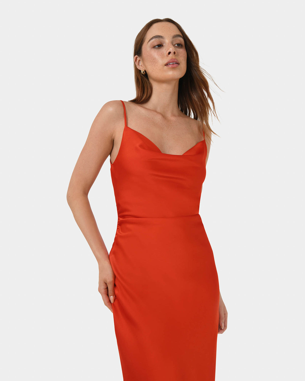 Mae Side Ruched Satin Dress in cherry tomato — close-up view