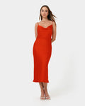 Mae Side Ruched Satin Dress in cherry tomato — full-length view