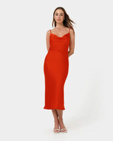 Mae Side Ruched Satin Dress in cherry tomato — full-length view