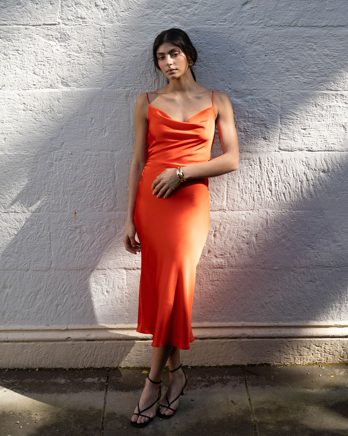 Mae Side Ruched Satin Dress in cherry tomato — alternate view