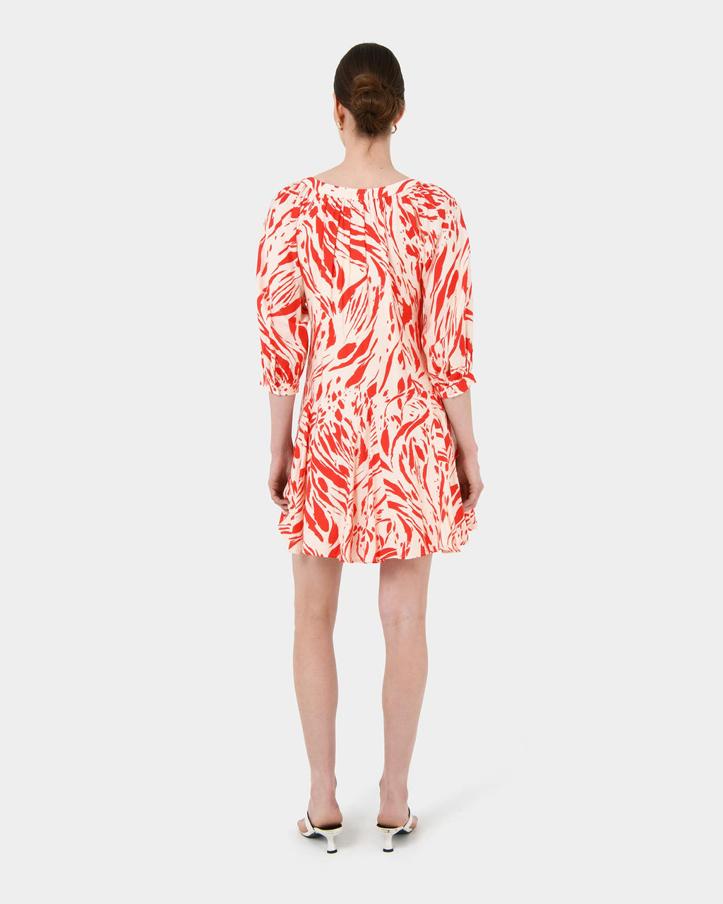 Vienna V-Neck Tie Dress in animal red — back view