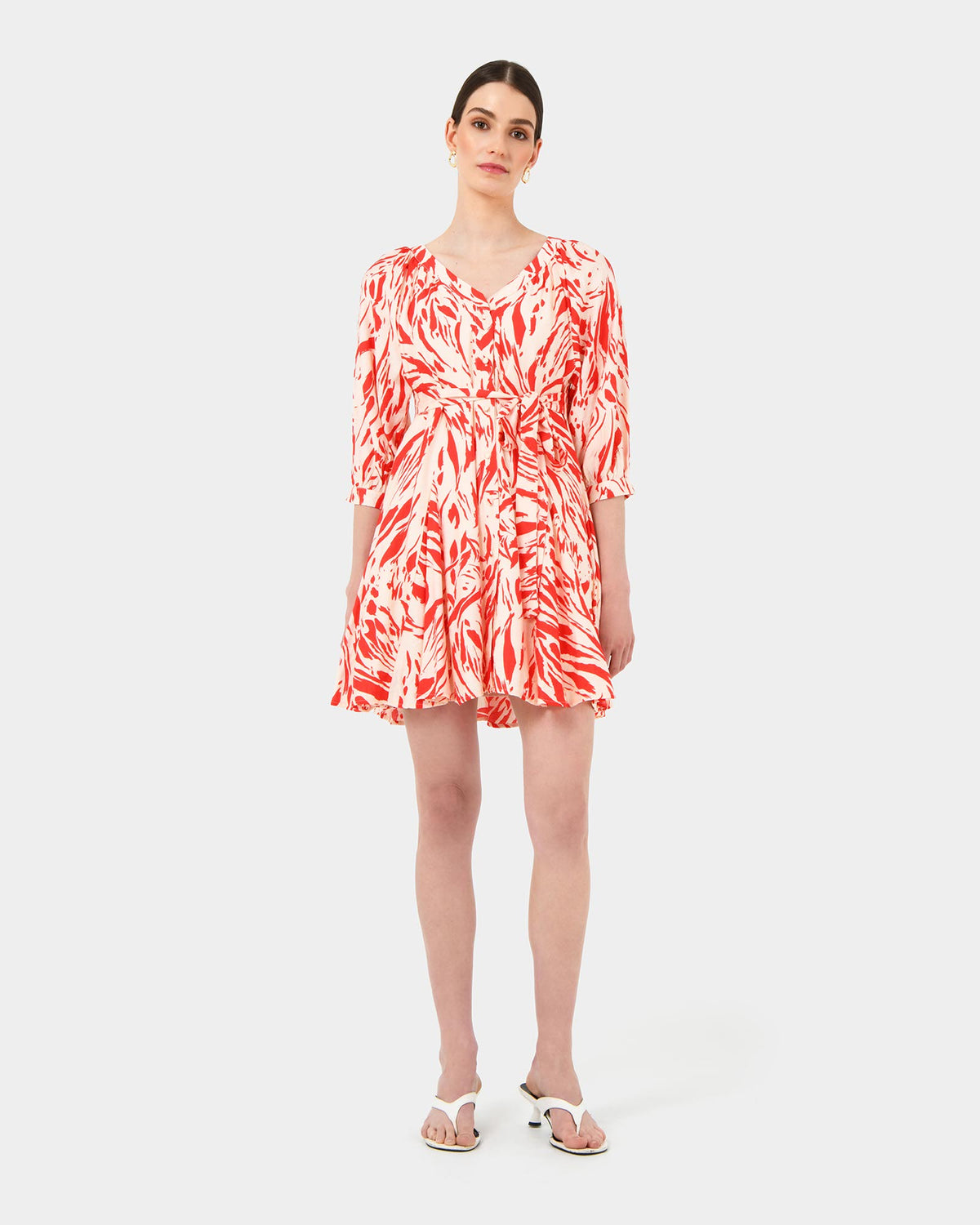Vienna V-Neck Tie Dress in animal red — full-length view