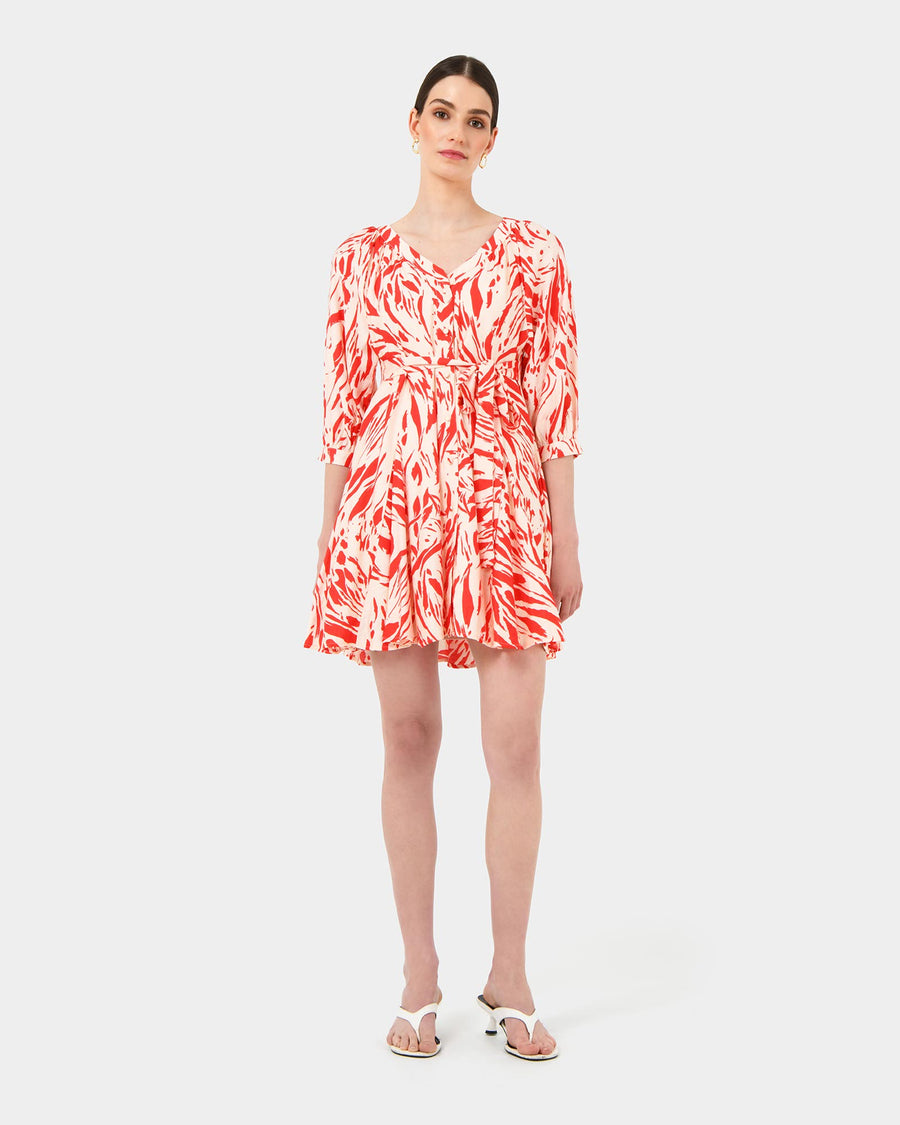 Vienna V-Neck Tie Dress in animal red — full-length view