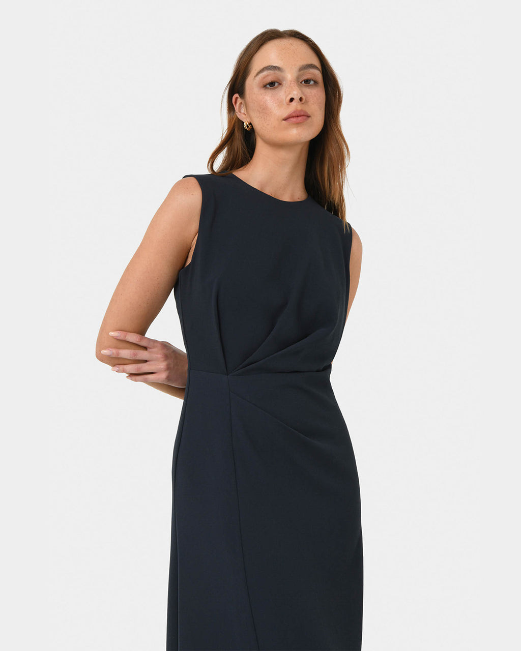 Demi Ruched Midi Dress in midnight — close-up view