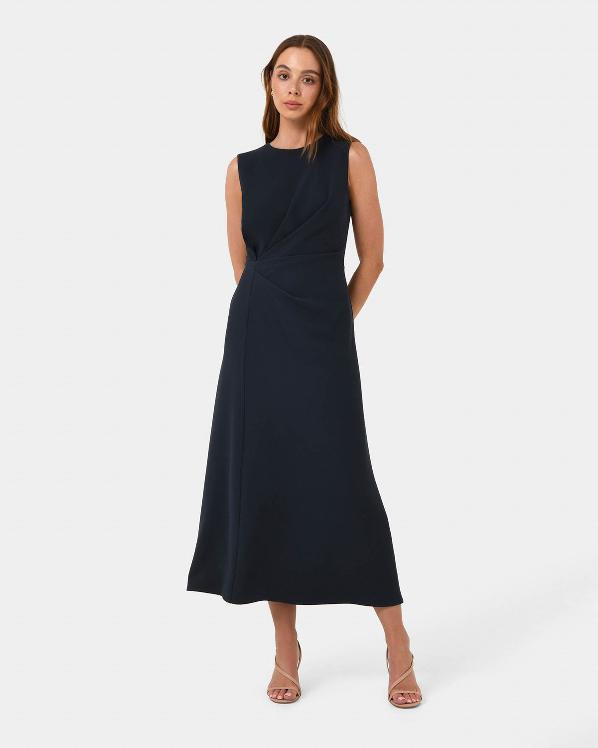 Demi Ruched Midi Dress in midnight — full-length view