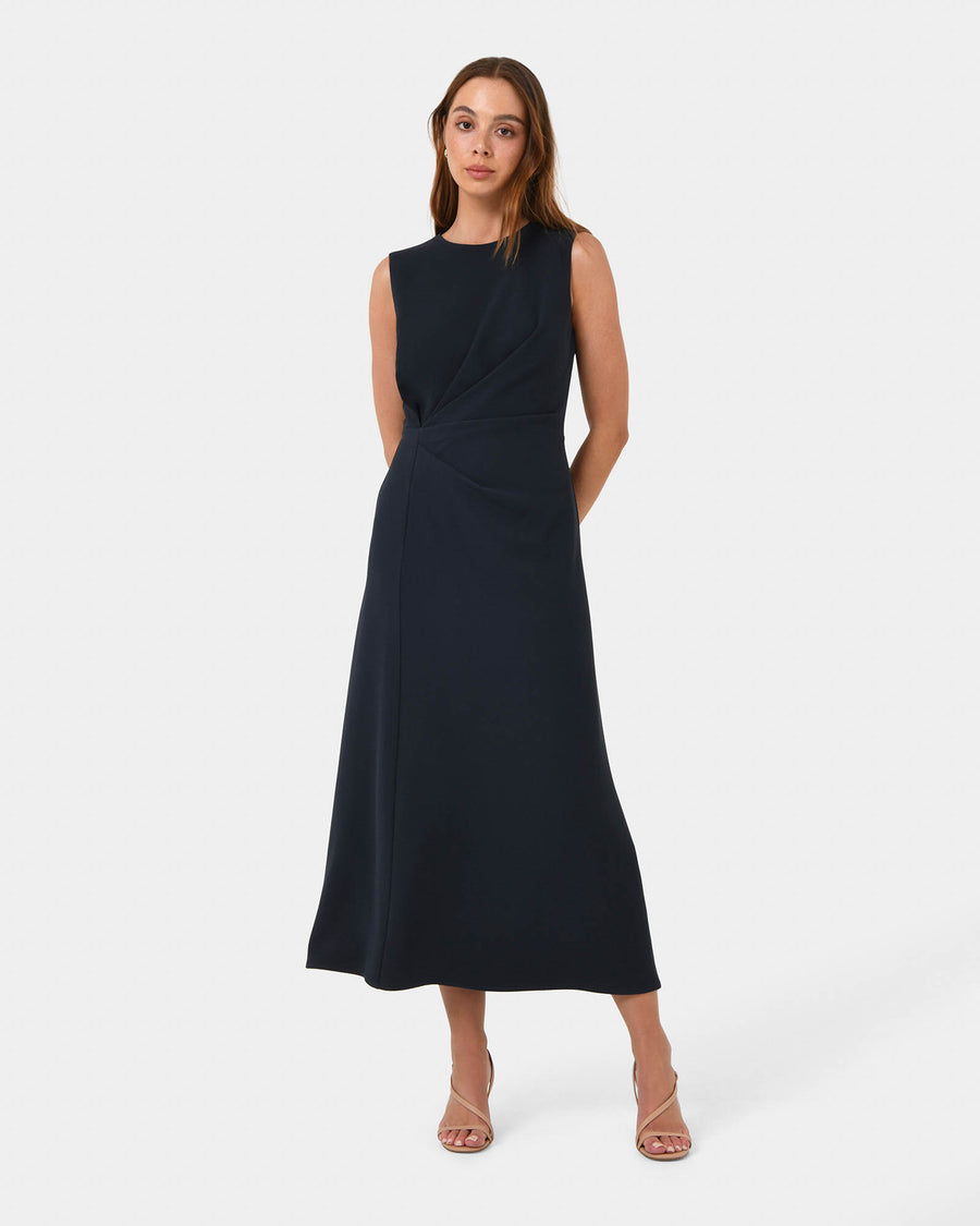 Demi Ruched Midi Dress in midnight — full-length view